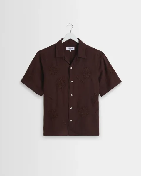 Didcot - Brown Flower Embroidered Short-Sleeve Shirt