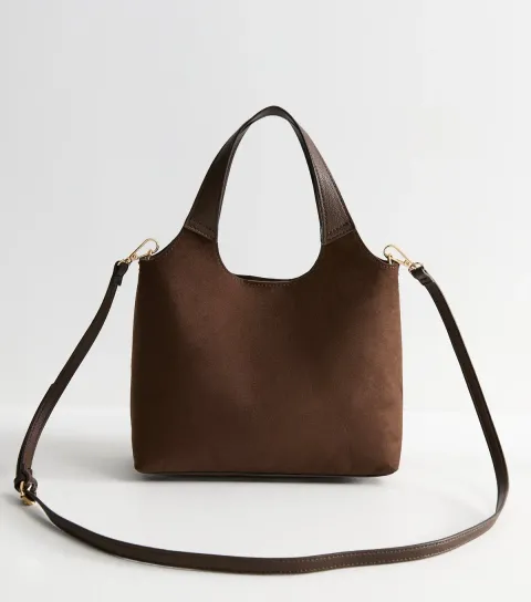 New Look Dark Brown Faux Suede Mini Grab Handle Tote Bag