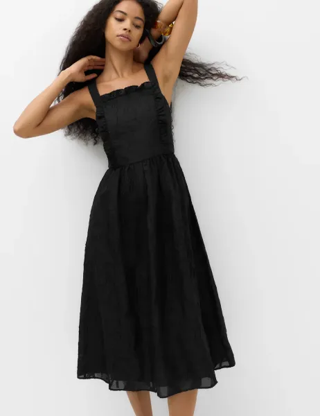 Marks & Spencer Jacquard Ruffle Square Neck Midi Waisted Dress Black