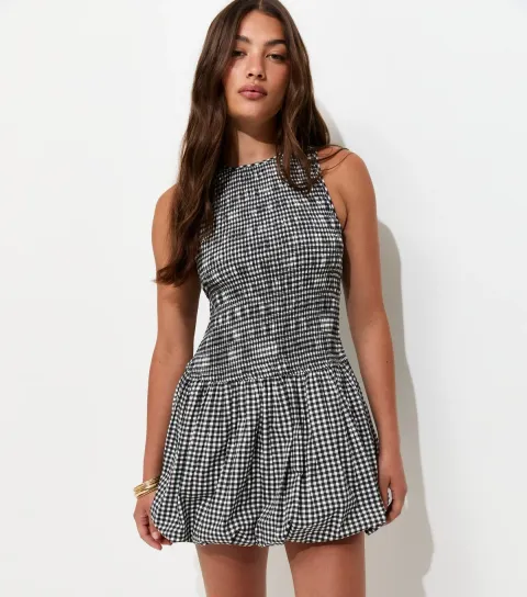 Women's Grey Cotton Gingham Bubble Hem Mini Dress