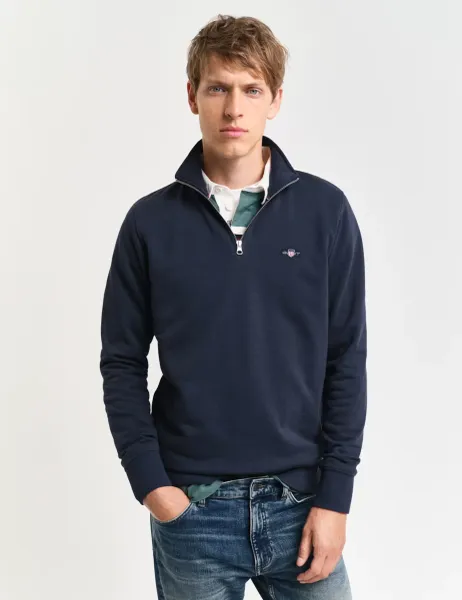 Gant Cotton Rich Funnel Neck Half Zip Sweatshirt Navy