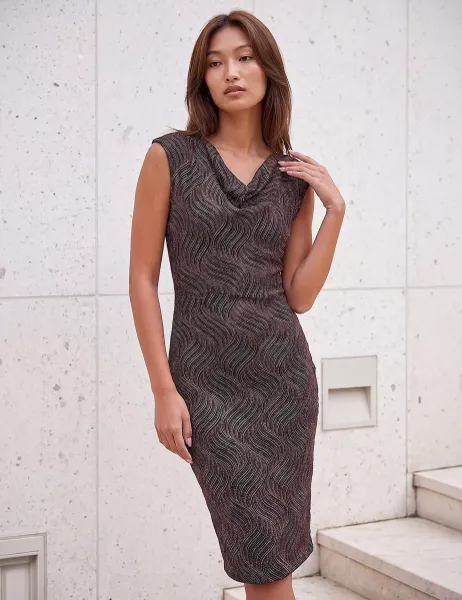 Roman Metallic Cowl Neck Pleated Knee Length Dress Bronze