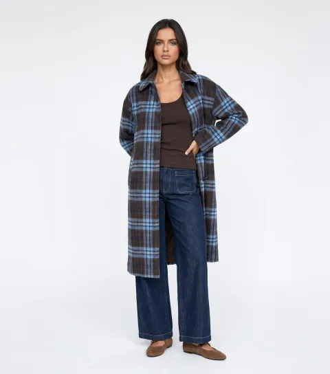 Urban Bliss Women's Blue Check Collared Longline Coat