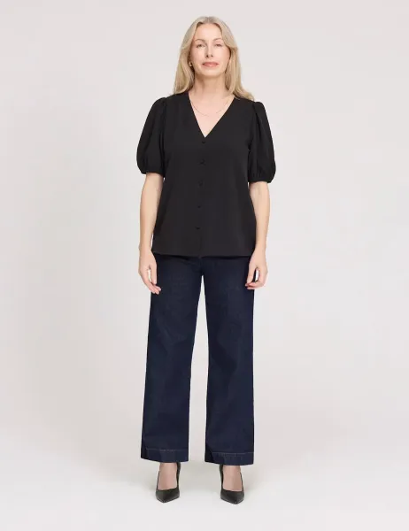 Finery London V-Neck Short Sleeve Button-Through Top Black