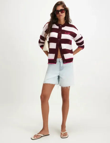 River Island Slogan Striped Button Front Cardigan Burgundy Mix