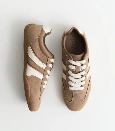 Women's Light Brown Faux Brushed Leather Slim Sole Trainers Vegan