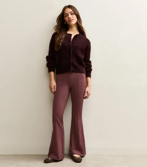 Women's Petite Dark Burgundy Front Seam Flared Trousers