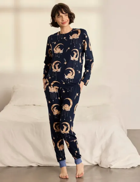 Lunar Bunny On Moon Print Long Pyjama Set Navy