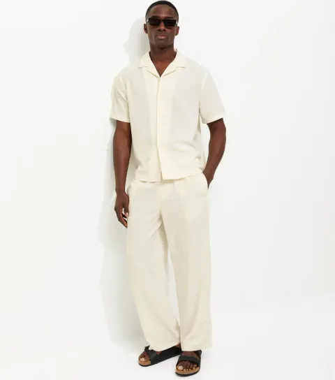 Men's Off White Relaxed Linen Look Wide Leg Trousers