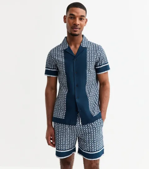 Men's Blue Regular Cotton Tile Print Revere Collared Shirt