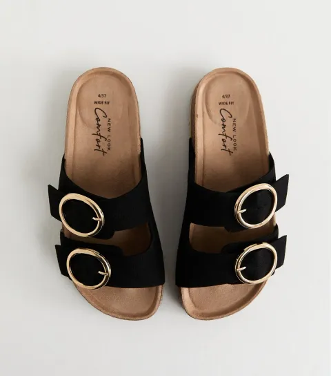 Women's Wide Fit Black Faux Suede Round Buckle Sandals Vegan