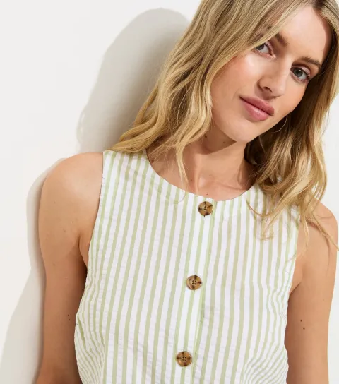Women's Tall Green Cotton Stripe Button Shell Waistcoat