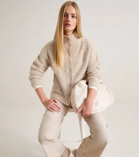 New Look Women's Premium with Wool Light Mink Funnel Neck Knitted Cardigan
