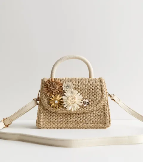 Stone Woven Floral Corsage Top Handle Bag