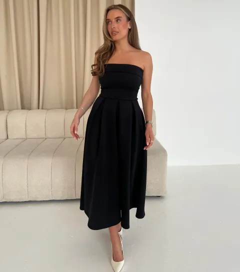 Girl In Mind Women's Black Bandeau Pleated Skirt Midi Dress