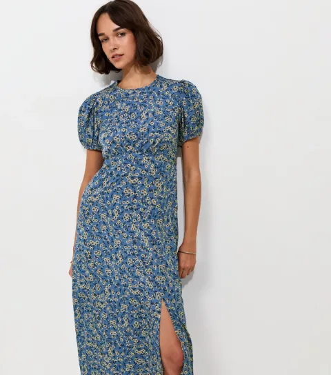 Women's Blue Ditsy Floral Puff Sleeve Split Midi Dress
