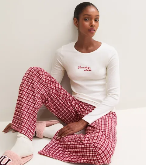 New Look Women's Red Check Cotton Rich Sunday Club Embroidered Long Sleeve Top and Trousers Pyjama Set