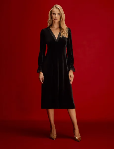 Finery London Velvet V-Neck Midi Tea Dress Black