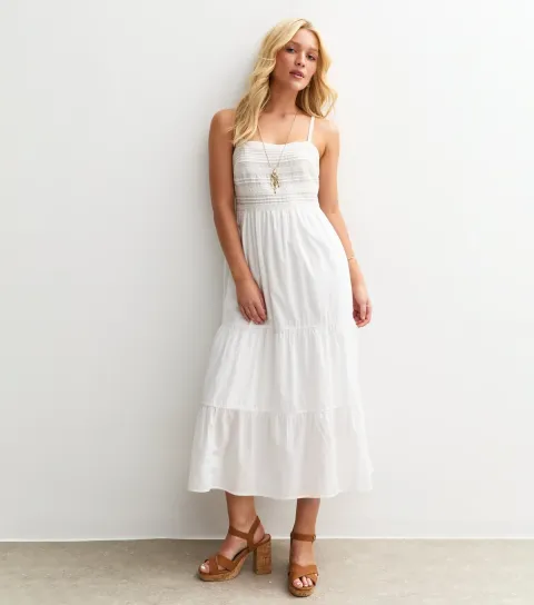 Women's White Pintuck Lace Trim Strappy Midi Dress