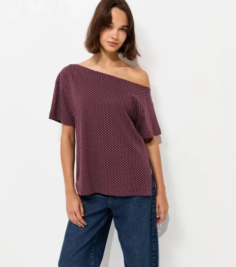 Women's Purple Cotton Spot Off The Shoulder Top