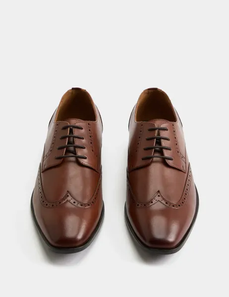 Marks & Spencer Leather Wide Fit Brogue Shoes Tan