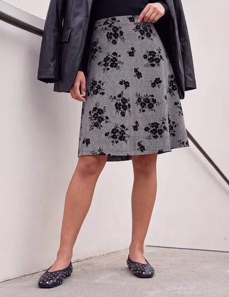 Roman Check Floral Skater Skirt Black Mix