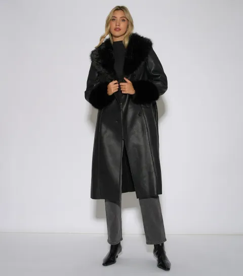 Gini London Women's Black Faux Fur Trim and Faux Leather Coat