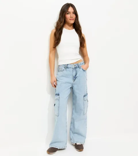 Women's Petite Light Blue Cargo Jeans