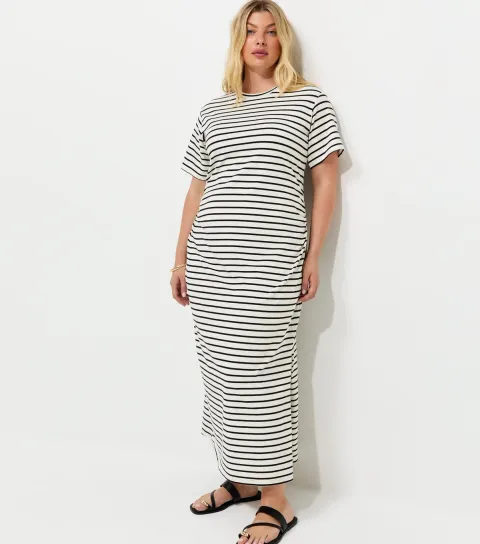 Women's Plus Size Black Ruched Side Striped Jersey Midi Dress Curves