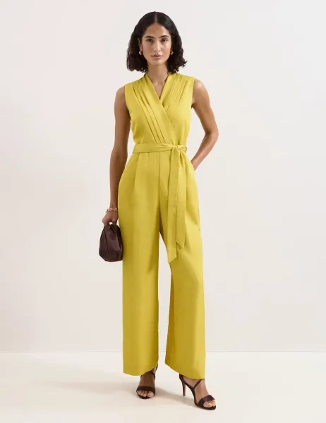 Phase Eight Satin Belted Sleeveless Wide Leg Jumpsuit Yellow
