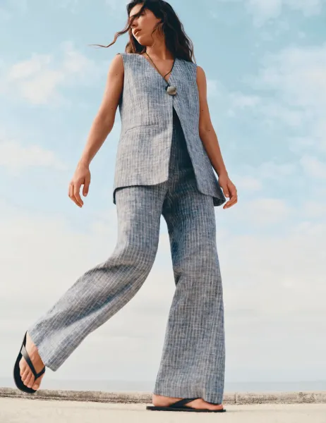 Marks & Spencer Linen Blend Striped Waistcoat Blue Mix