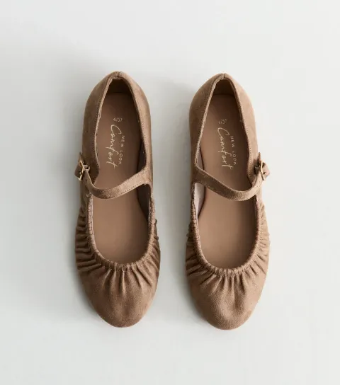 New Look Women's Mink Faux Suede Ruched Mary Jane Ballet Flats Vegan
