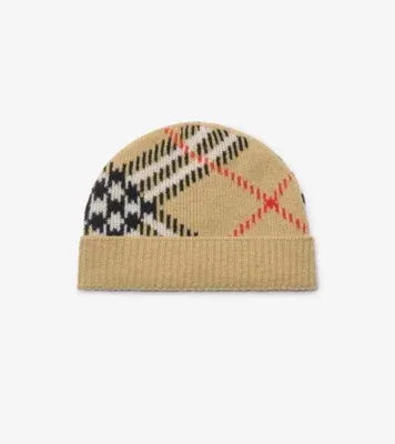 Check Cashmere Blend Beanie in Sand beige