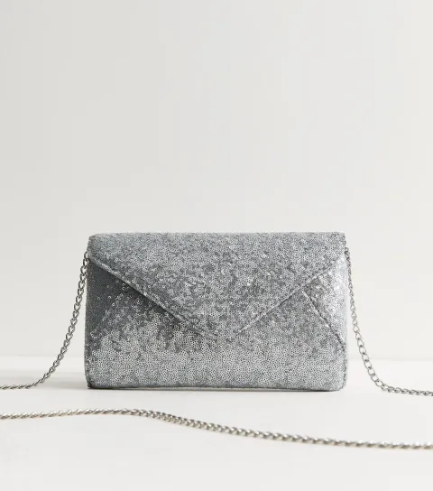 Silver Sequin Envelope Clutch Bag