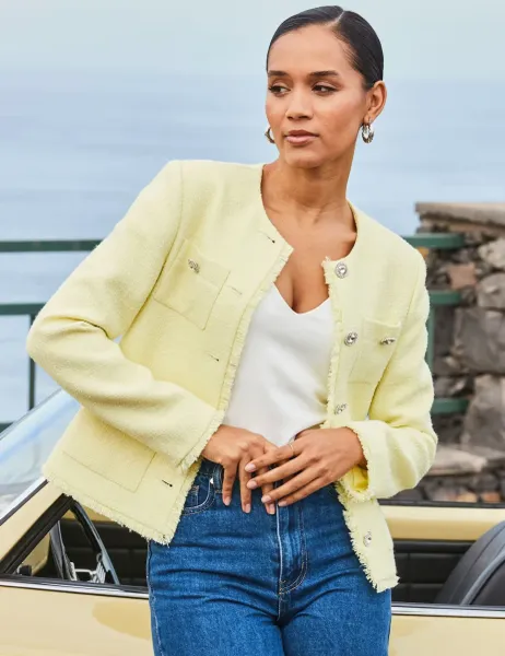 SOSANDAR Textured Collarless Jacket Yellow