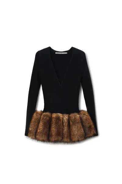 Zip Cardigan in Faux Fur-Trimed Wool