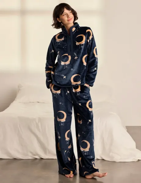 Chelsea Peers Fleece Bunny On Moon Print Lounge Set Navy