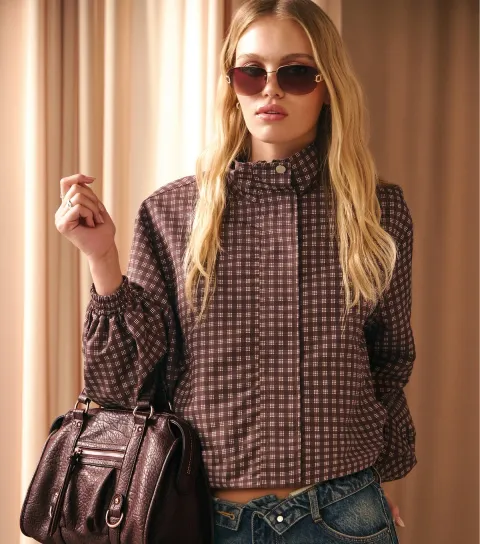 New Look Women's Brown Check Funnel Neck Windbreaker Jacket