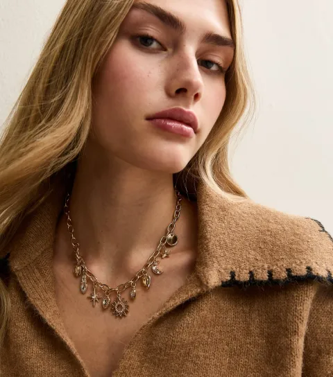 Gold Tone Diamante Embellished Mystical Charm Necklace
