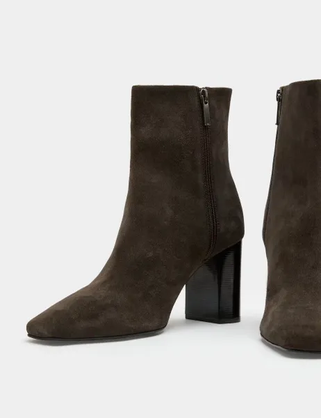 Autograph Suede Block Heel Square Toe Ankle Boots Brown