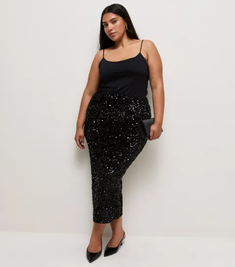 New Look Women's Plus Size Black Velvet Sequin Midi Pencil Skirt Curves