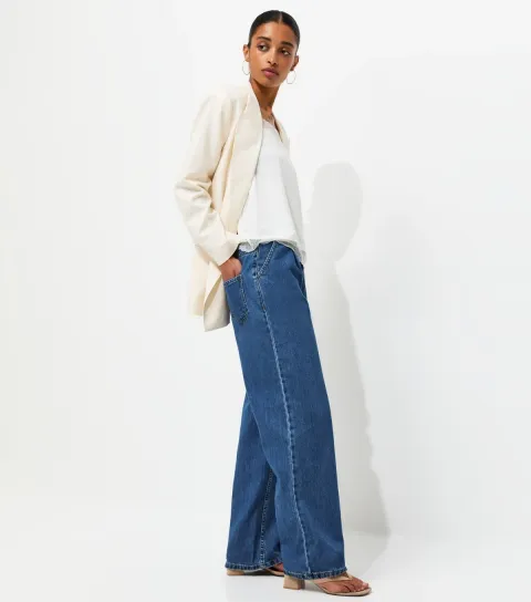 Women's Blue Pleated Wide Leg Jeans