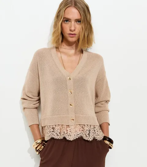 Women's Stone Lace Trim V-Neck Cardigan