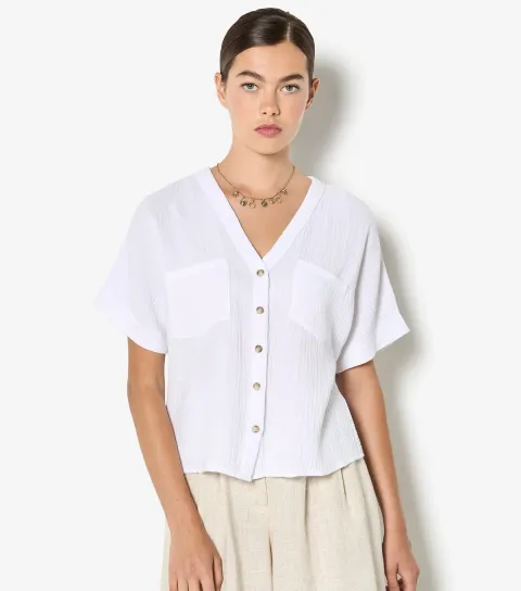 Women's White Textured Weave Collarless Shirt