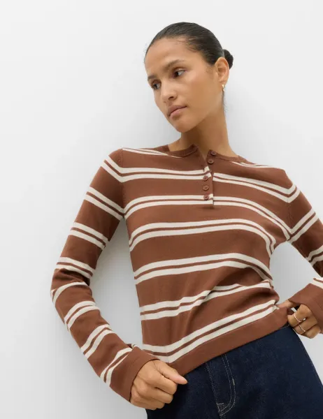 Marks & Spencer Pure Merino Wool Striped Henley Neck Jumper Brown Mix