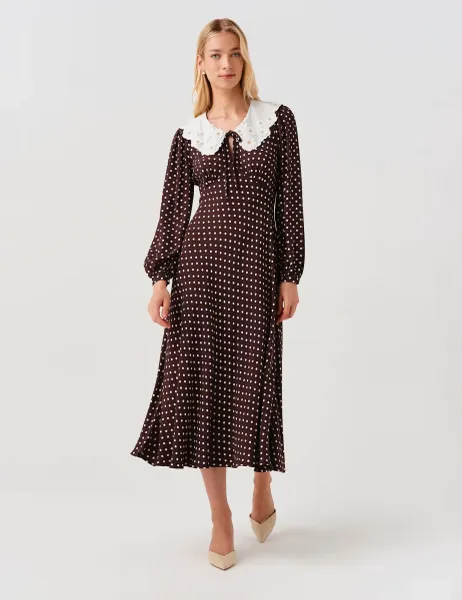 Ghost Crepe Polka Dot Midi Waisted Dress Brown Mix