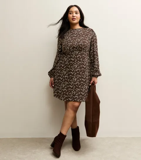 Women's Plus Size Brown Floral Print Long Sleeve Mini Dress Curves