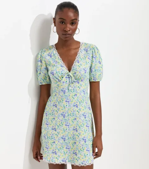 Women's Blue Ditsy Floral V Neck Lace Trim Mini Dress