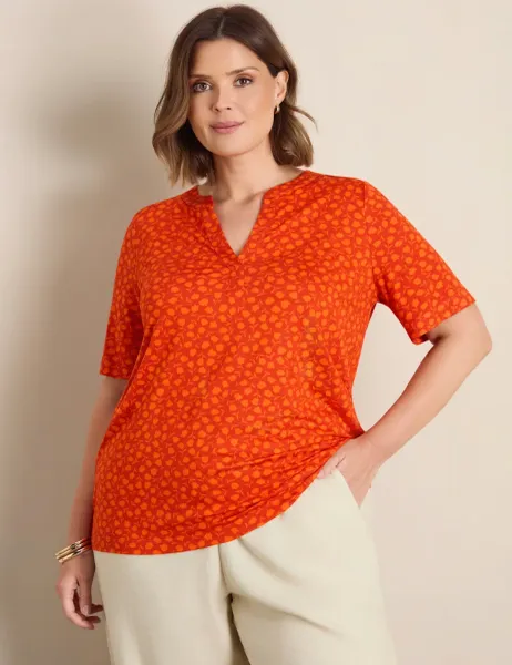 Live Unlimited London Jersey Floral Notch Neck Popover Blouse Orange