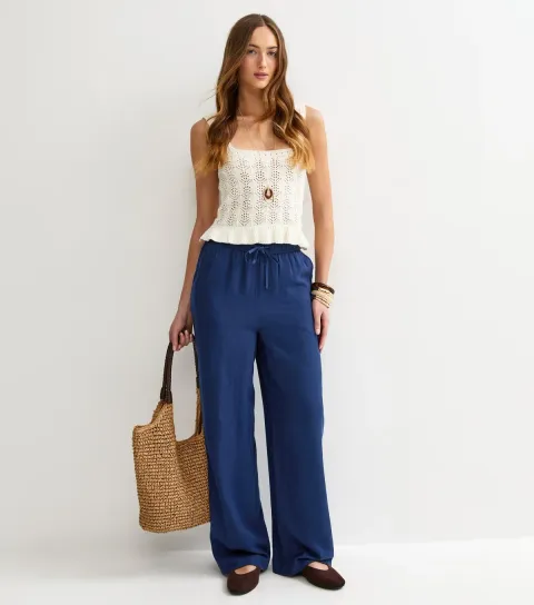 Women's Tall Navy Linen Look Wide Leg Trousers